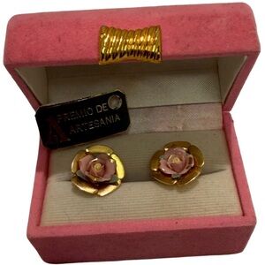 Handcrafted Pink Rose Flower Earrings in Gold Tone -